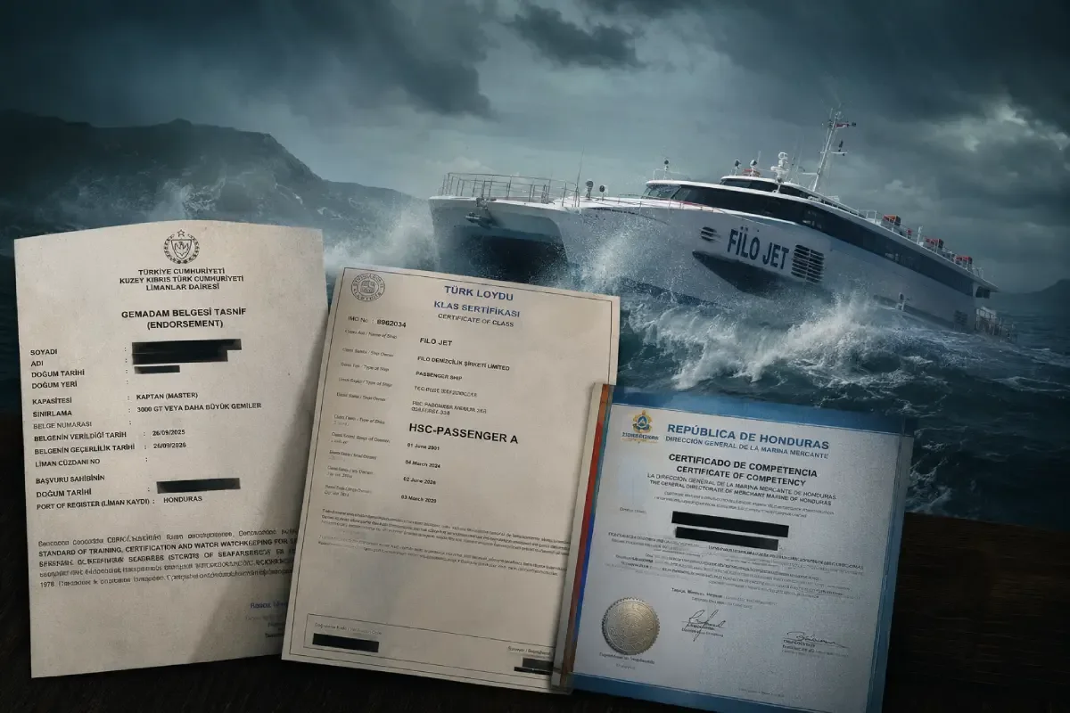 A dramatic composite image shows the Filo Jet in rough seas beside redacted maritime certification documents, including a Türk Loydu class certificate and a master endorsement.