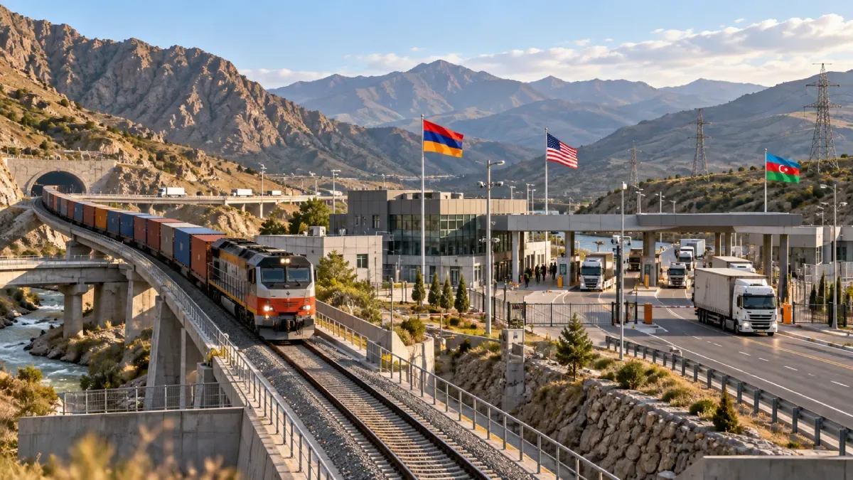 Illustration of a freight train and trucks crossing a mountainous South Caucasus transport corridor, with Armenian, US and Azerbaijani flags representing the TRIPP project