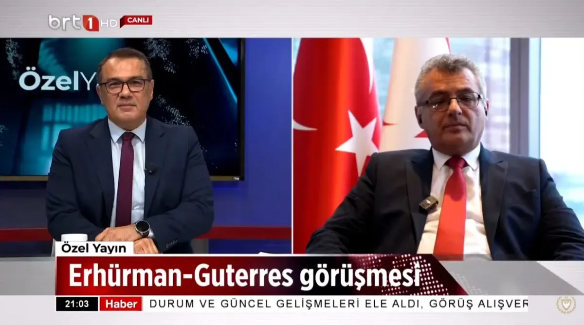 Turkish Cypriot leader Tufan Erhürman speaks on BRT 1 after his September 26 meeting with UN Secretary-General António Guterres in New York