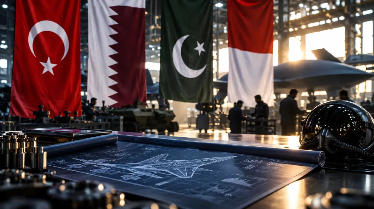 AI-generated illustration of a defense technician working on aircraft equipment, with the flags of Türkiye, Qatar, Pakistan and Indonesia in the background.