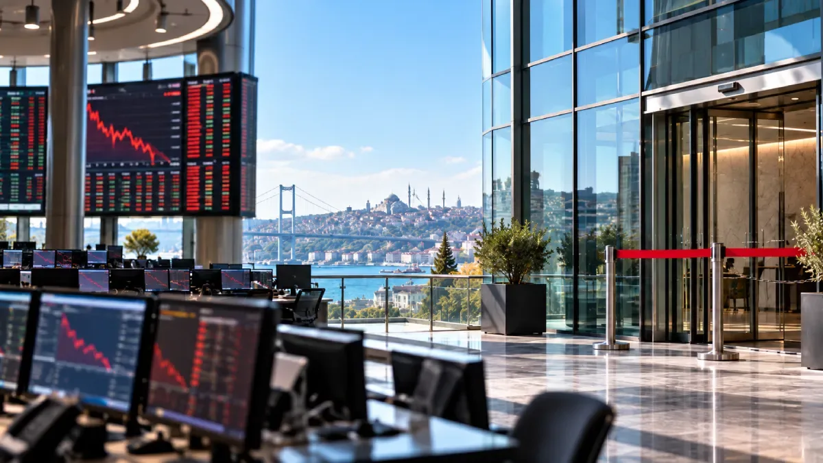 Editorial illustration of trading screens and a cordoned-off glass office entrance overlooking Istanbul’s Bosphorus, representing the suspension of TERA and TRHOL shares.