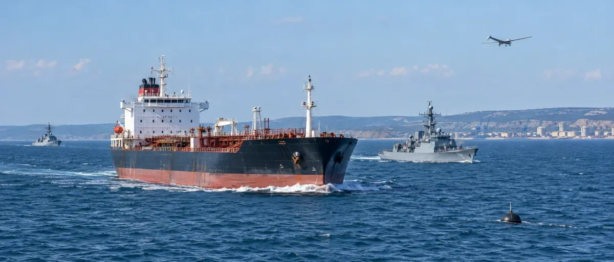 llustration of a merchant tanker, naval patrol vessels and a drone near the western Black Sea coast