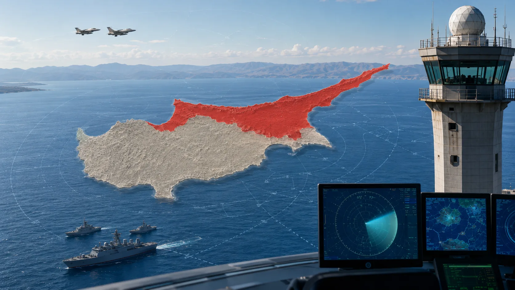 A map of divided Cyprus with military forces on sea and air
