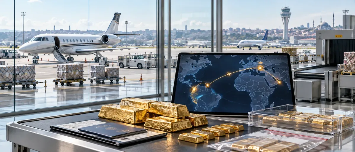 Editorial illustration of gold bars, an international flight-route map and aircraft at an airport, accompanying a report on alleged Colombian gold smuggling