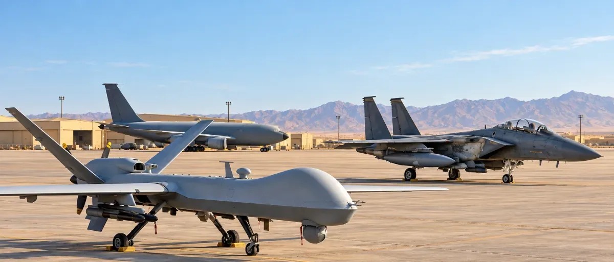 MQ-9 Reaper, F-15E Strike Eagle and tanker aircraft on a U.S. military air base