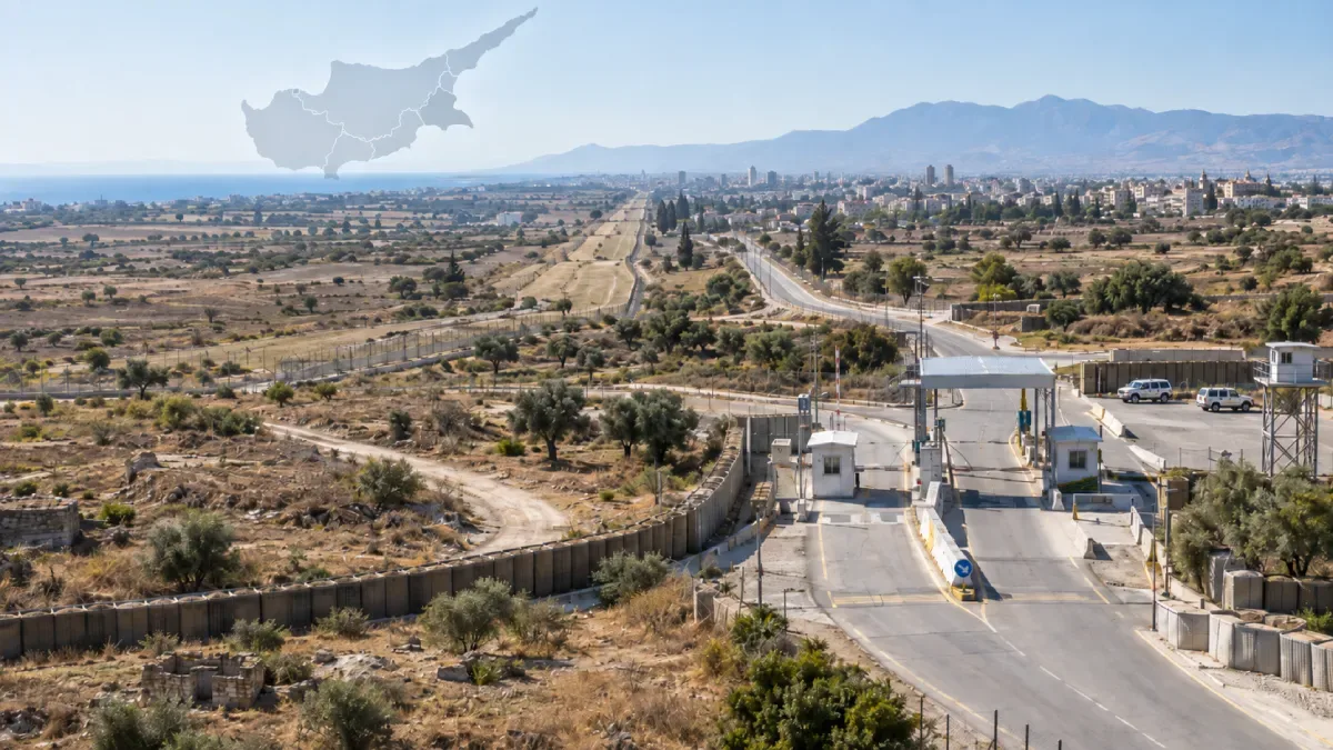 Cyprus buffer-zone crossing road with a map of the island above the divided landscape