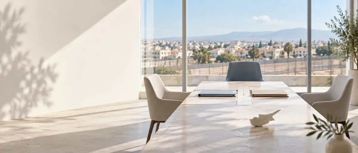 Bright diplomatic meeting room with three empty chairs and separated document folders overlooking Nicosia ahead of Cyprus talks