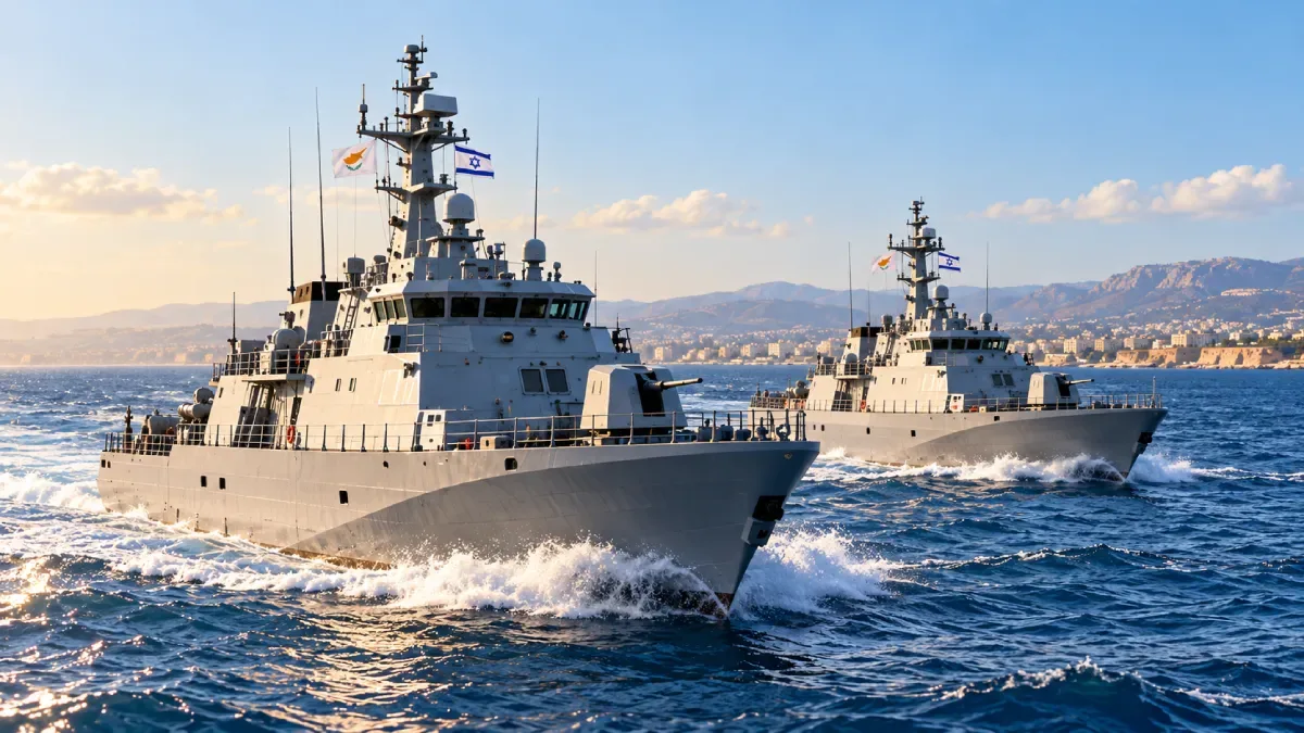 Illustration of two naval patrol vessels at sea displaying Cyprus and Israeli flags, representing the Israeli-built patrol ship deal and P61 upgrade