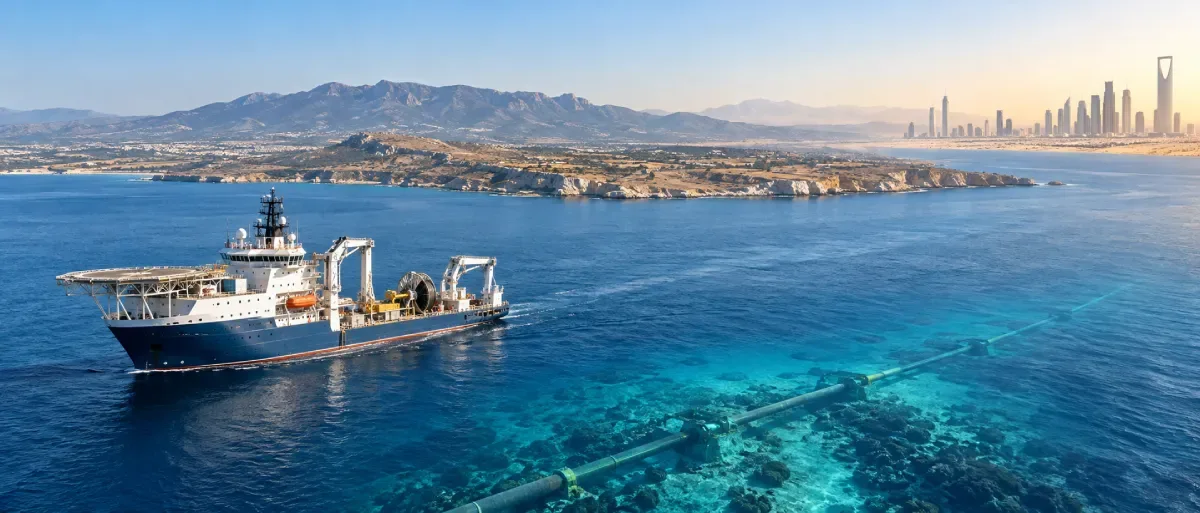 Conceptual illustration of a survey vessel and proposed subsea gas route near Cyprus, with Riyadh skyline symbolizing Saudi energy diplomacy
