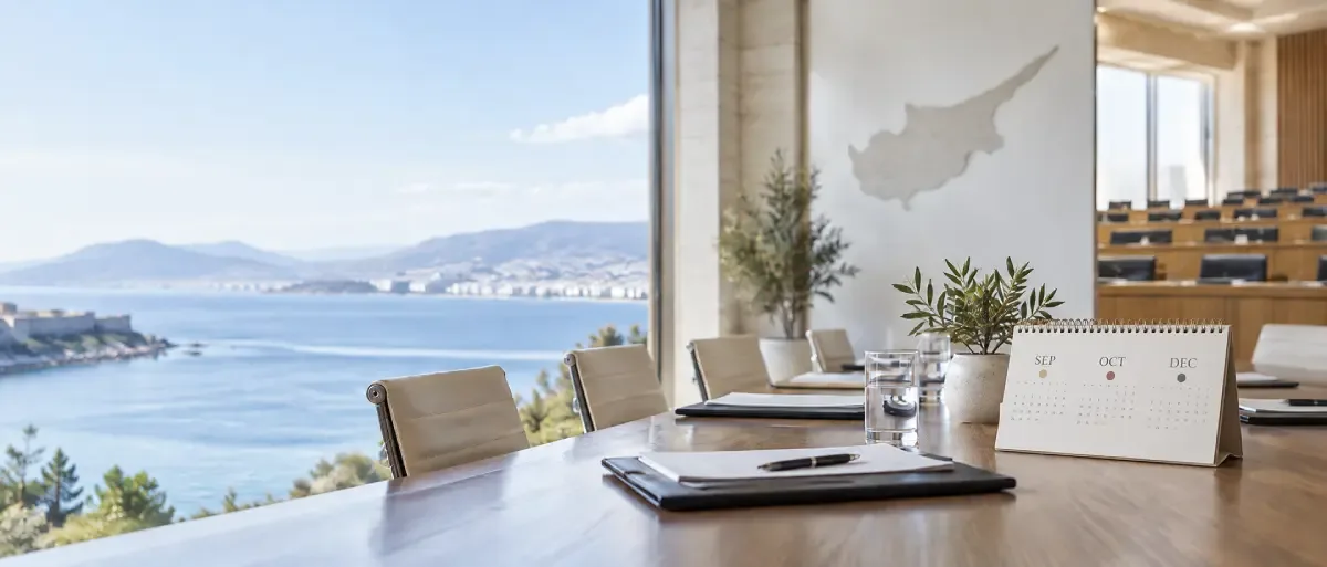 Bright Cyprus diplomatic meeting room with a desk calendar marking September, October and December deadlines