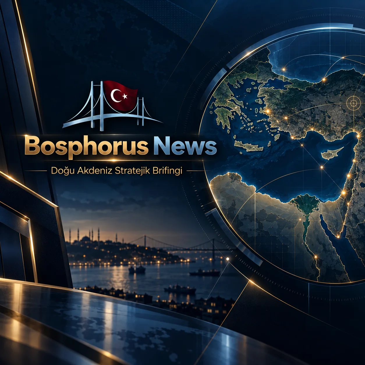 Doğu Akdeniz Stratejik Brifingi için Türkiye ve bölgeyi gösteren Bosphorus News harita grafiği