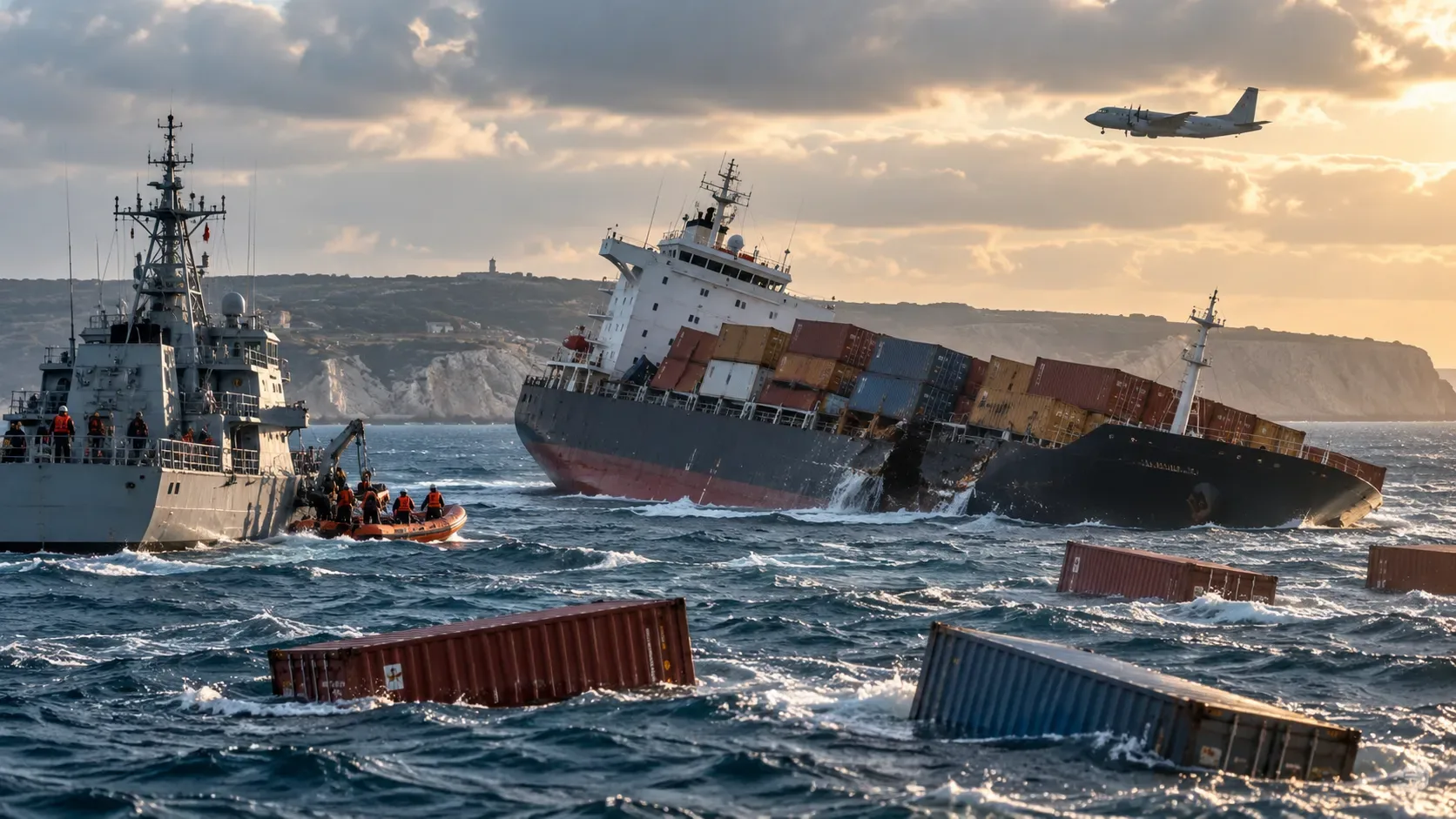 Photorealistic illustration of a damaged container ship sinking in the Black Sea, with floating cargo containers, a naval rescue vessel and a maritime patrol aircraft overhead