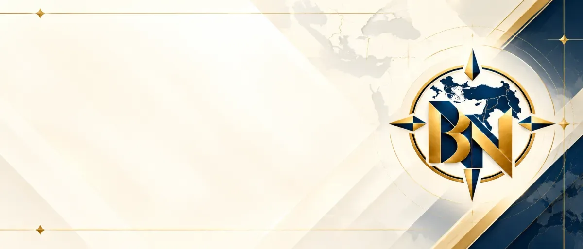 Bosphorus News gold-and-navy compass emblem over a subtle Eastern Mediterranean map on an ivory background