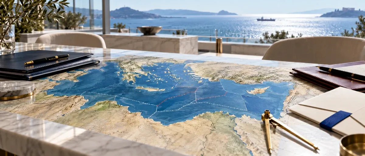 Sunlit diplomatic table with an illustrated Eastern Mediterranean maritime map, navigation dividers and document folders