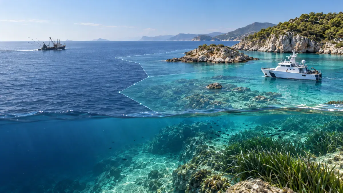 Illustration of an Aegean-style coast with a research vessel, distant fishing trawler, mapped marine boundary and underwater seagrass
