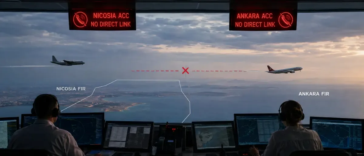 Air traffic control visualization showing the Nicosia and Ankara FIRs separated by a missing direct coordination link