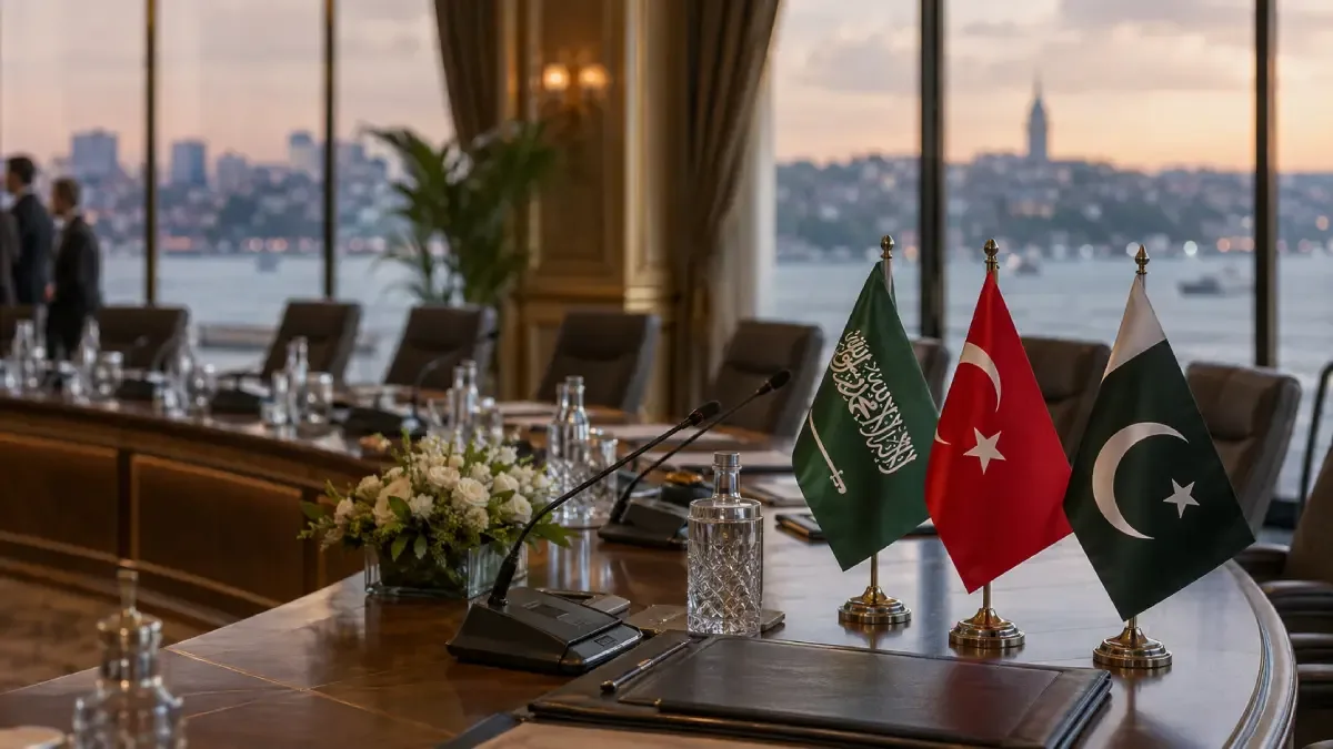 Turkey, Pakistan and Saudi Arabia flags at a conference table overlooking Istanbul