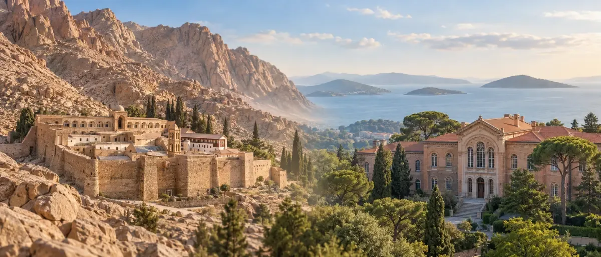 Saint Catherine’s Monastery in Sinai and Halki Seminary on Heybeliada shown in a conceptual architectural composition
