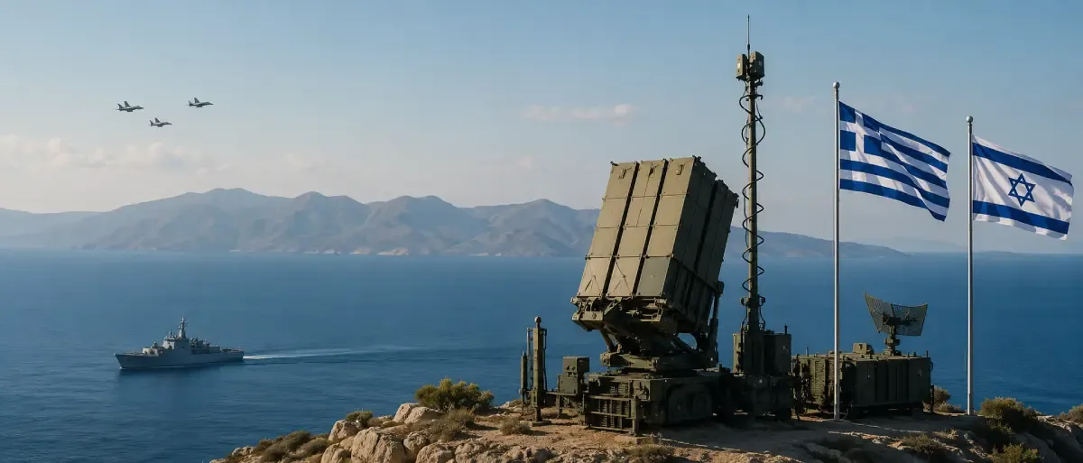 Greek and Israeli flags beside an air defense system overlooking the Aegean Sea