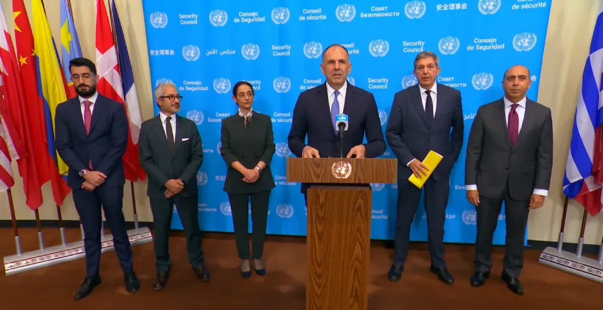 Greek Foreign Minister Giorgos Gerapetritis speaks at the UN in New York on October 26, 2026, alongside diplomatic representatives.