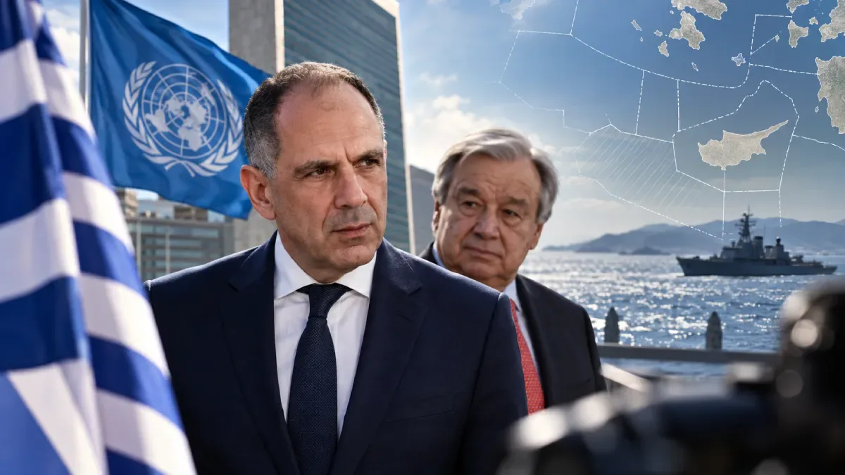 Editorial illustration of Greek Foreign Minister George Gerapetritis and UN Secretary-General António Guterres, with Greek and UN flags, Mediterranean maritime zones and a naval vessel.