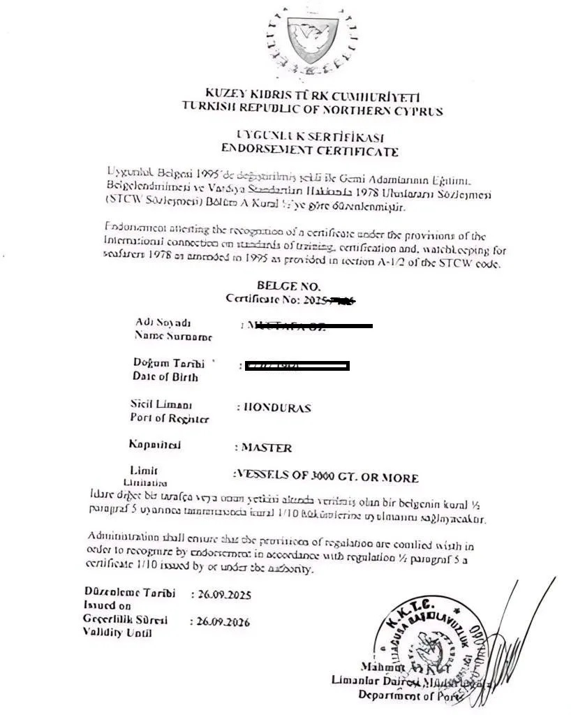Endorsement certificate on Turkish Republic of Northern Cyprus letterhead listing capacity as master and the port of register field as Honduras, with personal identifying information redacted.