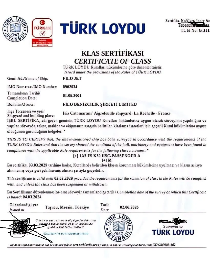 Türk Loydu certificate of class for the Filo Jet, IMO 8962034, showing the HSC-PASSENGER A notation and a 2 June 2026 issue date, with verification information redacted.