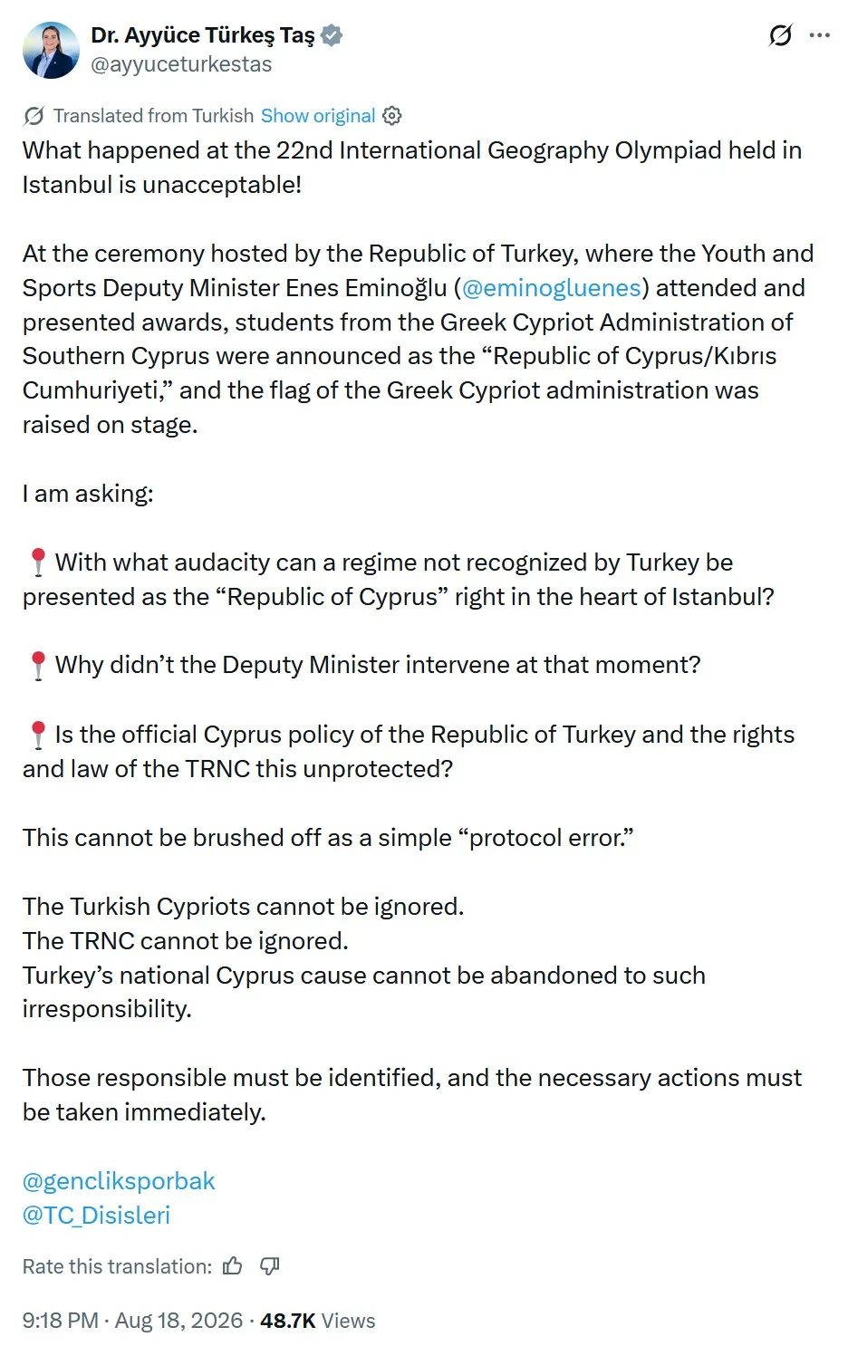 Screenshot of Ayyüce Türkeş's X post in English
