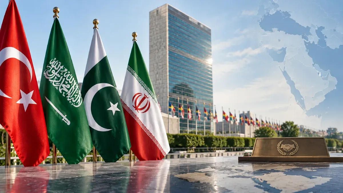 Flags of Türkiye, Saudi Arabia, Pakistan and Iran representing the Mecca Pact and its wider regional dimension