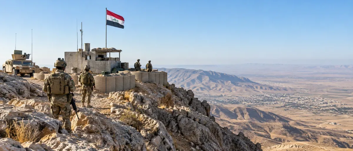 Illustration of Iraqi soldiers and an Iraqi flag at a fortified mountain post overlooking the Sinjar region.
