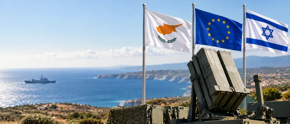 Cyprus, European Union and Israeli flags beside an air defense system on the Mediterranean coast
