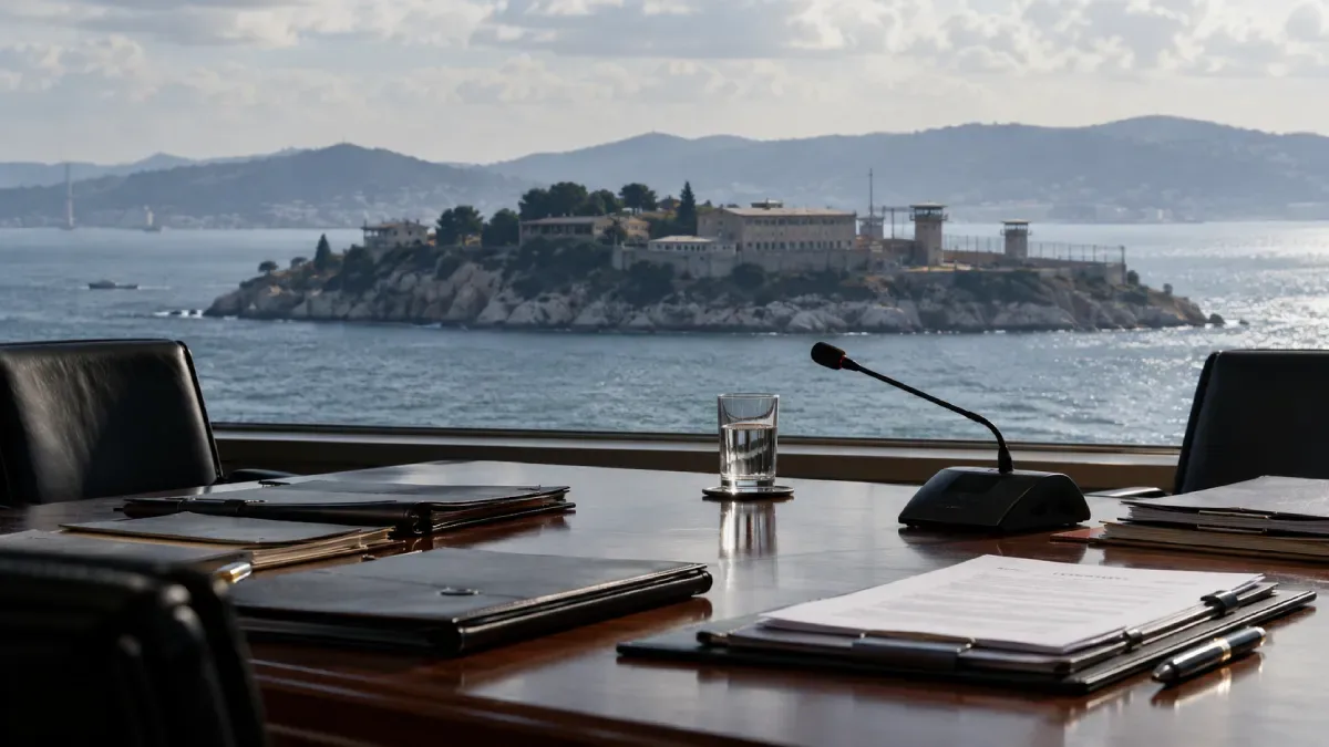Empty state coordination table overlooking a secure island facility, illustrating debate over Abdullah Öcalan’s legal role in Turkey’s PKK disarmament process