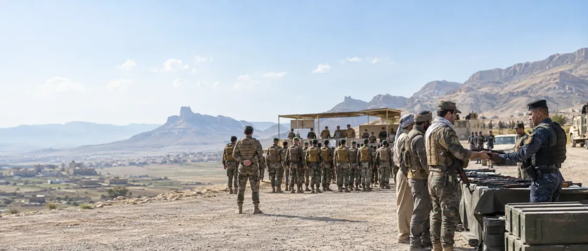 Peshmerga and Iraqi security personnel during a symbolic weapons handover in mountainous northern Iraq