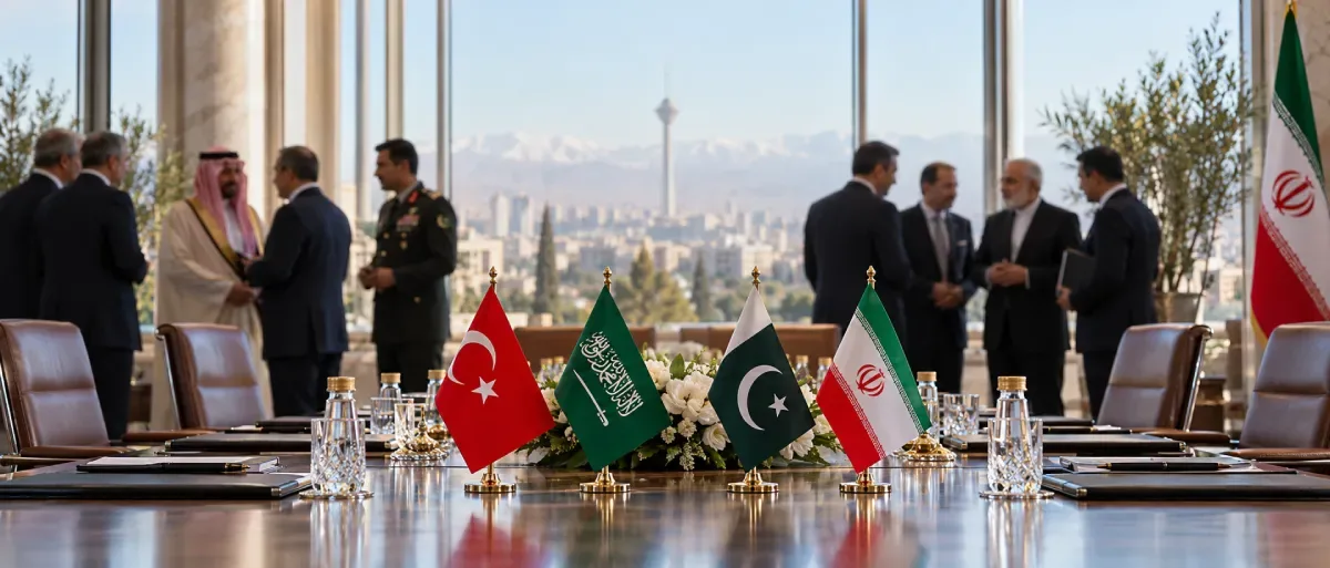 Editorial illustration of Turkish, Saudi, Pakistani and Iranian flags on a diplomatic table overlooking Tehran, with delegates in the background.