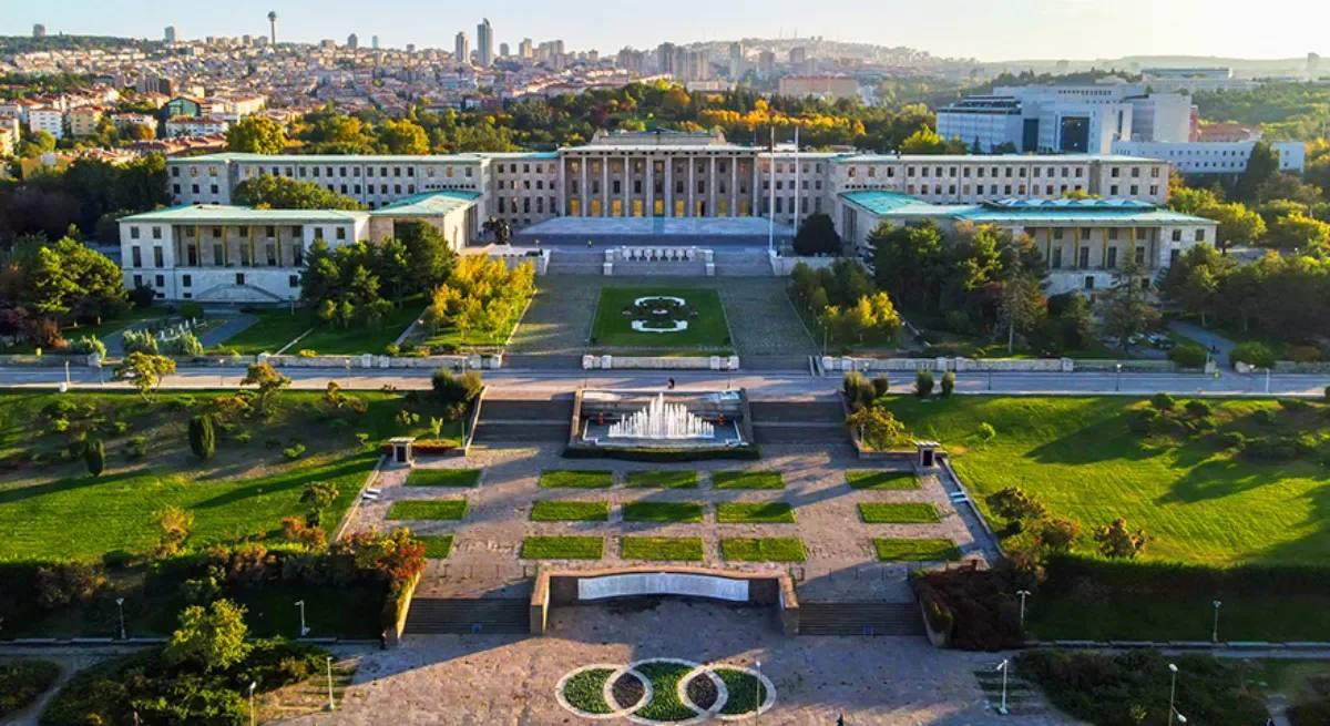 Aerial view of the Turkish Grand National Assembly building in Ankara, where the Mecca defense pact was submitted for parliamentary approval