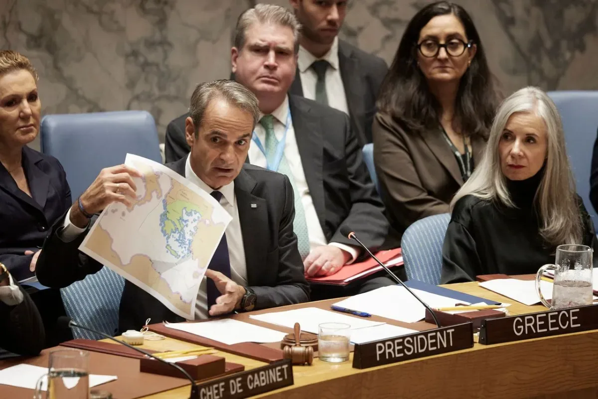 Greek Prime Minister Kyriakos Mitsotakis displays a map of the Eastern Mediterranean during a UN Security Council debate on maritime security in New York
