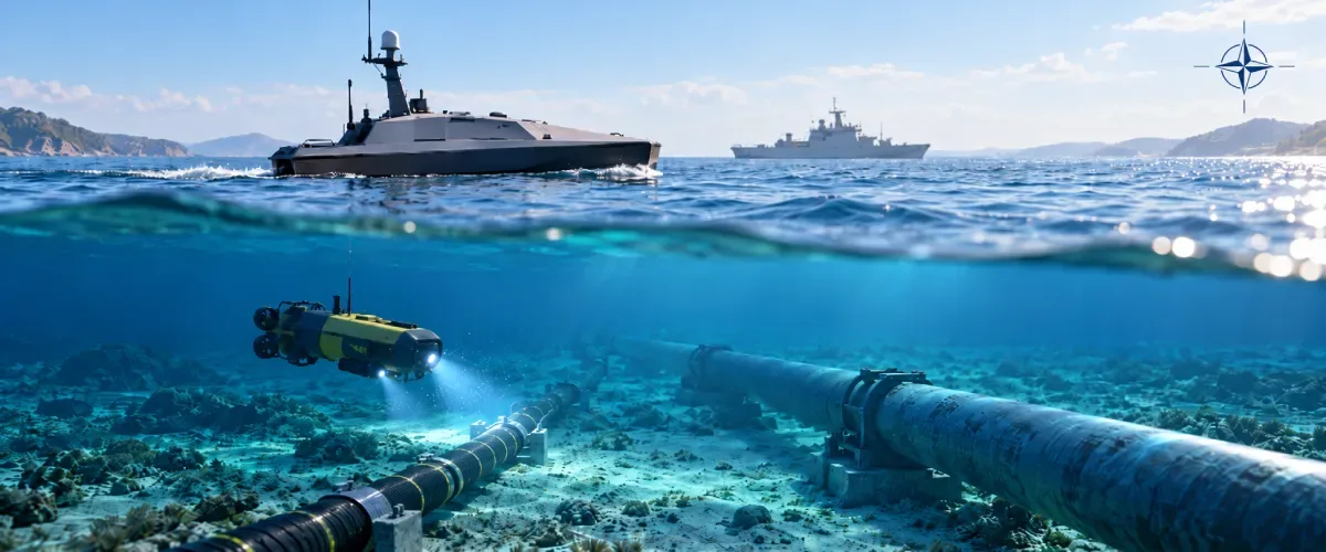 Illustration of unmanned surface and underwater vehicles monitoring a seabed cable and pipeline, with a NATO compass emblem in the upper-right sky