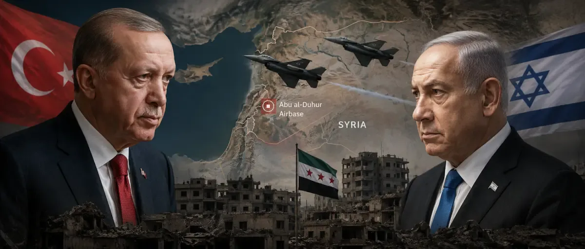 Editorial illustration of Türkiye-Israel tensions over Syria, with fighter jets and Abu al-Duhur shown on a regional map