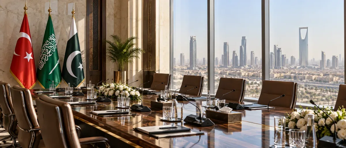 Empty Riyadh conference room with the flags of Turkey, Saudi Arabia and Pakistan representing the new Mecca Pact Secretariat