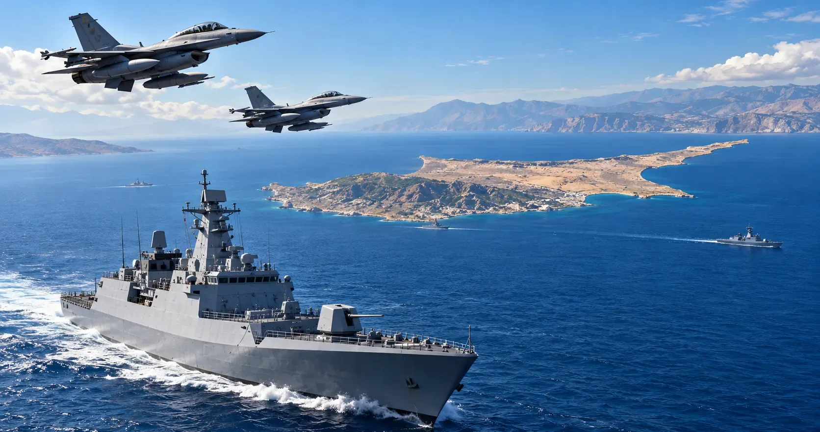 AI-generated illustration of F-16 fighter jets flying above naval vessels near Cyprus in the Eastern Mediterranean.