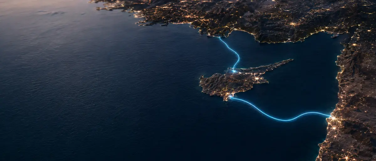 Satellite view of Cyprus and the Eastern Mediterranean showing submarine fiber cable routes linking Syria and Cyprus