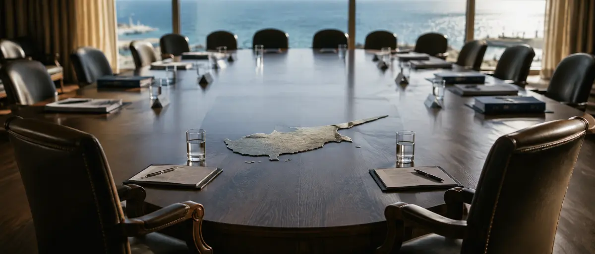 Empty Cyprus negotiation table overlooking the Eastern Mediterranean ahead of renewed talks between Turkish Cypriot and Greek Cypriot leaders