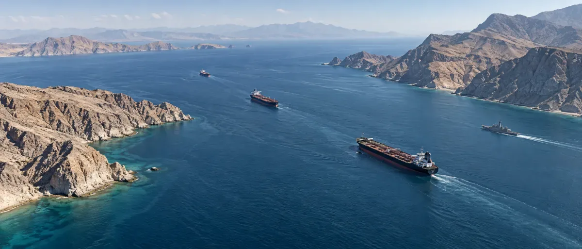 Oil tankers and a naval vessel transit the Strait of Hormuz between rugged coastlines