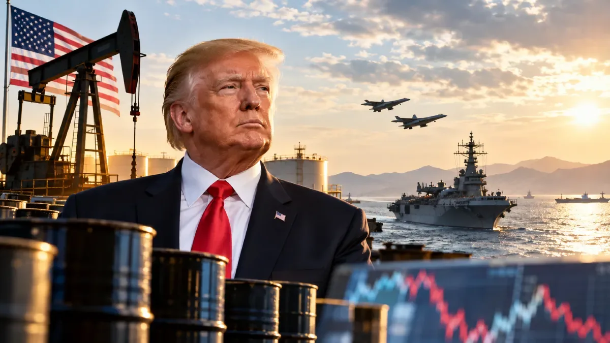 Editorial illustration of Donald Trump with US oil infrastructure, petroleum barrels, military jets and a naval warship, depicting the Iran war's economic impact