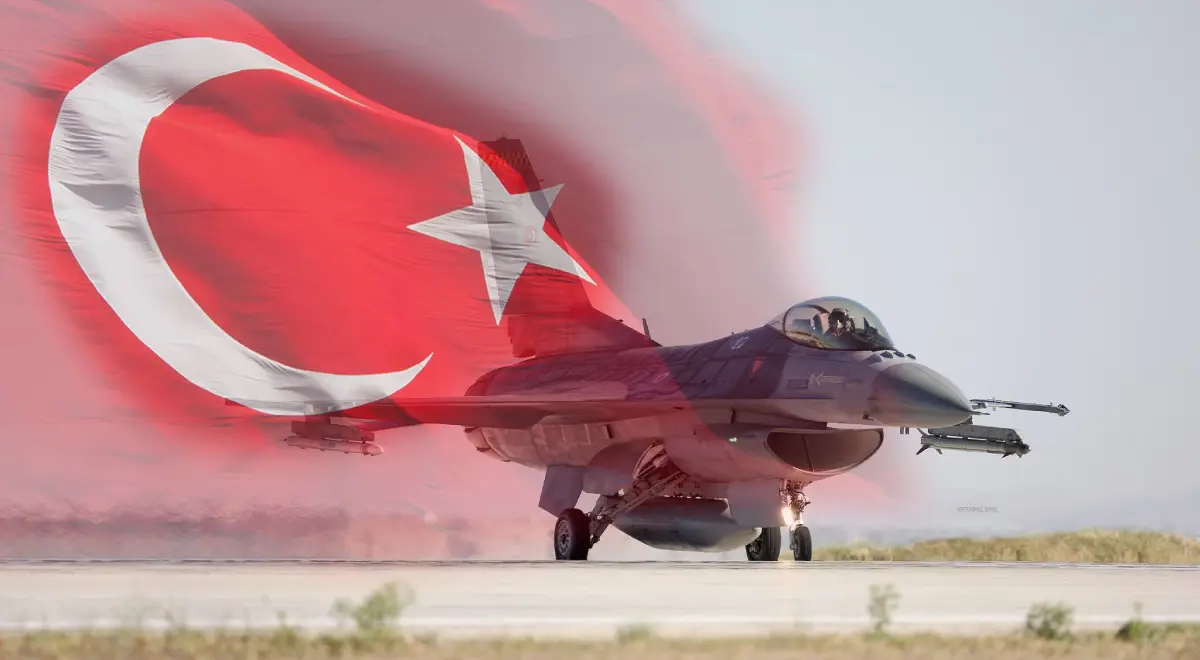 A Turkish F-16 and Turkish flag