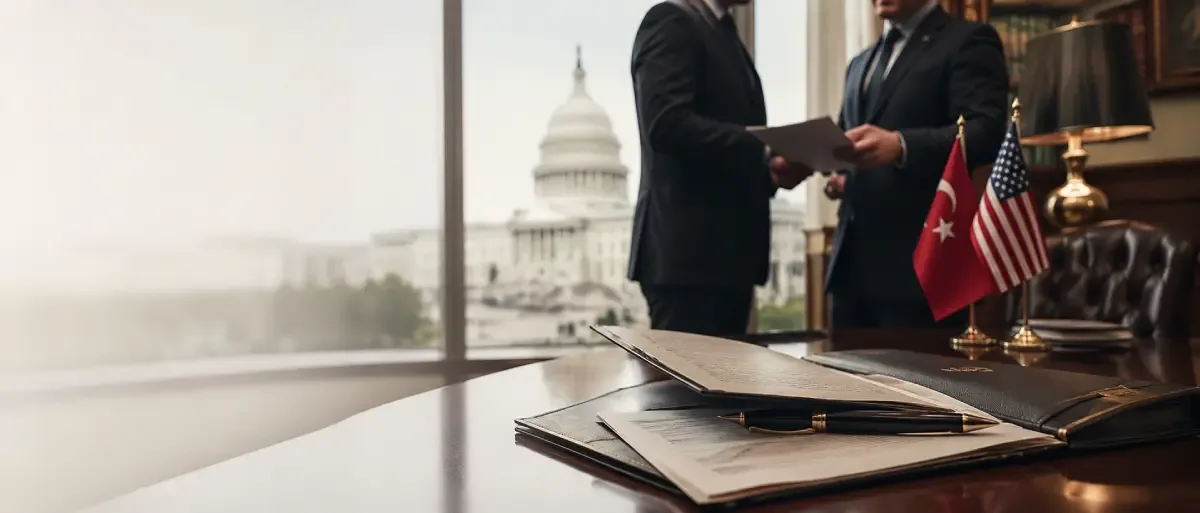 Documents lie on a conference table beside Turkish and US desk flags as two suited officials review papers in a Washington office with the Capitol in the background
