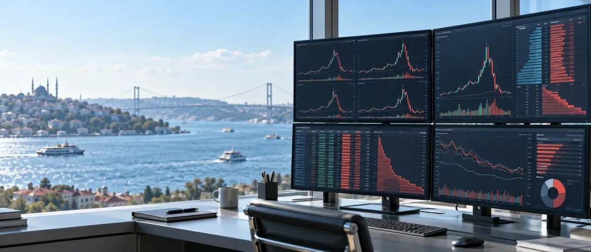 Trading monitors overlooking Istanbul display sharp stock-price swings during Turkey's fund crisis