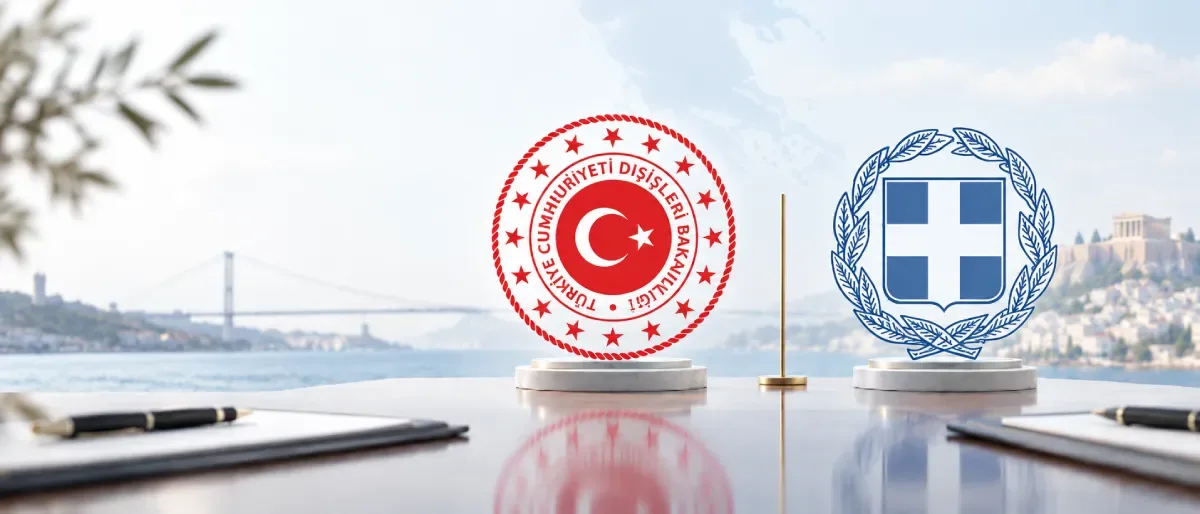 Turkish and Greek foreign ministry emblems with the Bosphorus Bridge and Athens Acropolis in the background