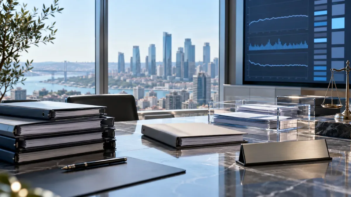 Editorial illustration of fund files, document trays and market charts in a bright Istanbul financial office