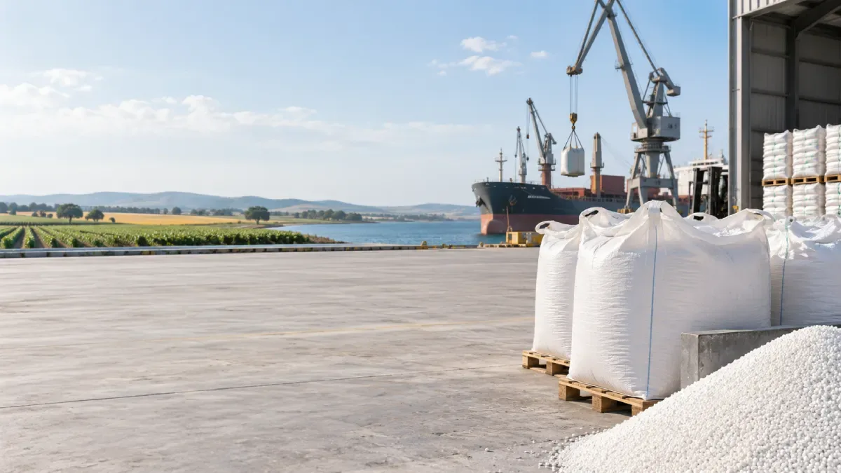 Fertilizer bags and bulk cargo at a port terminal illustrating Turkey-Russia fertilizer supply trade